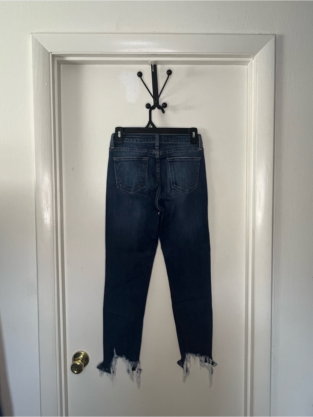 High-Rise Dark Wash Women's Straight Jeans - Frayed Hem - Picture 3 of 4